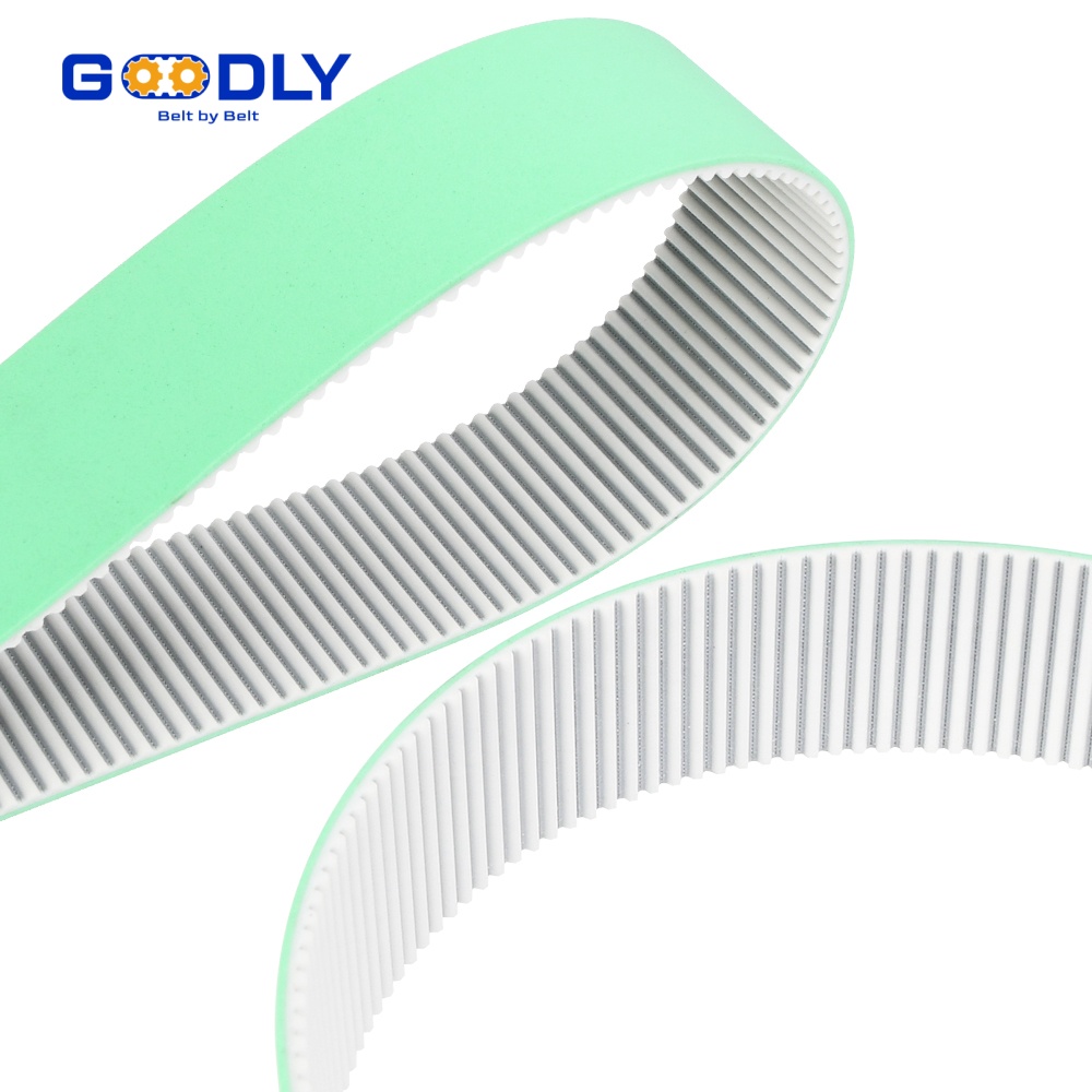 Green PU coated timing belt with moulded teeth for food handling lines