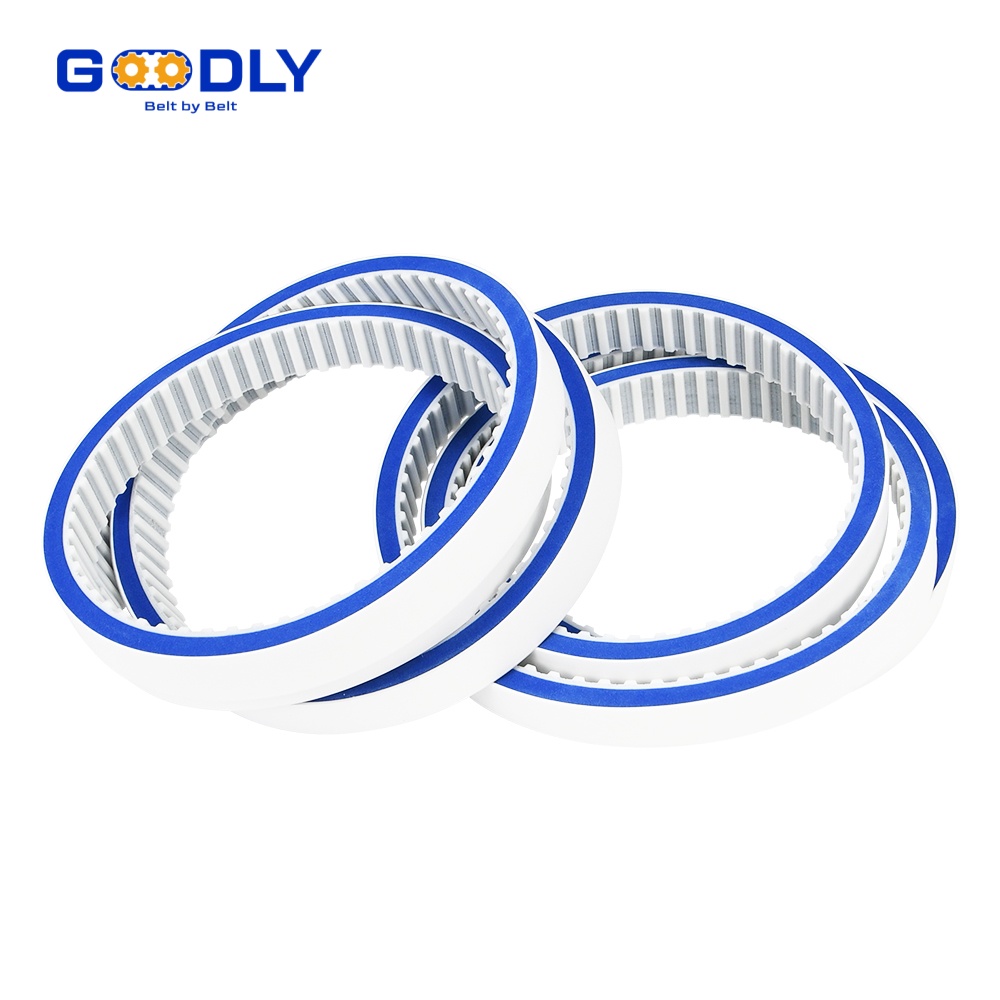 Sponge rubber coated timing belt loop for biscuit and chocolate conveyance