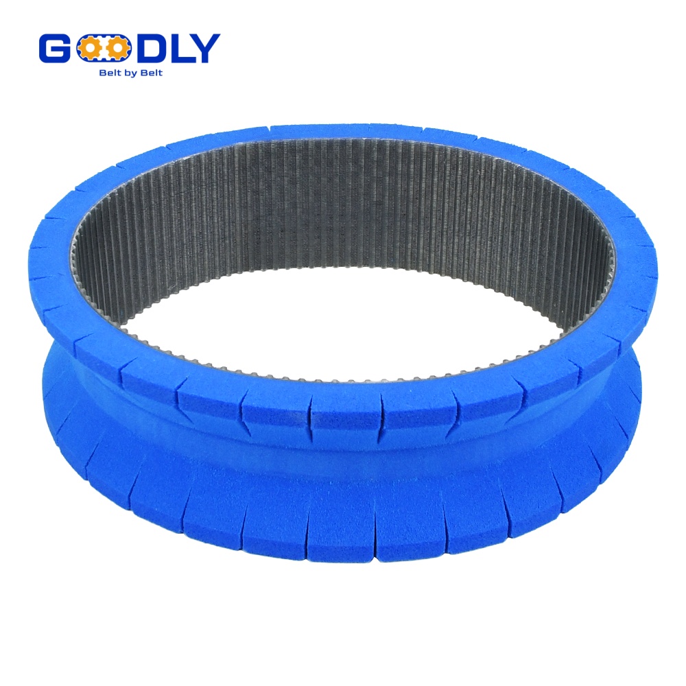 Foam-backed timing belt cushioning fragile products