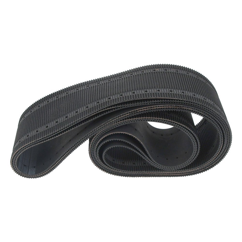 Timing belt with machined and drilled features