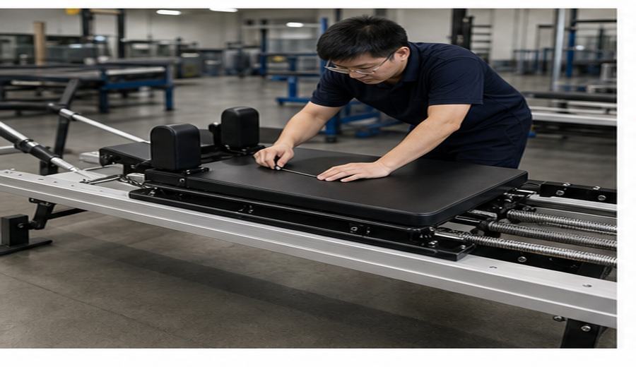 Engineer inspecting aluminum Pilates reformer quality
