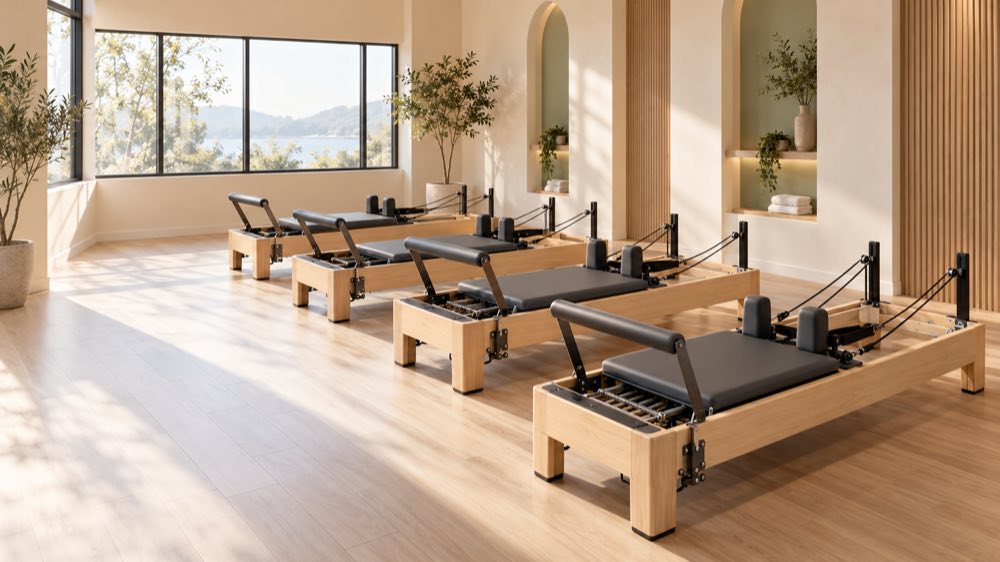 A bright Pilates studio arranged with professional reformer machines