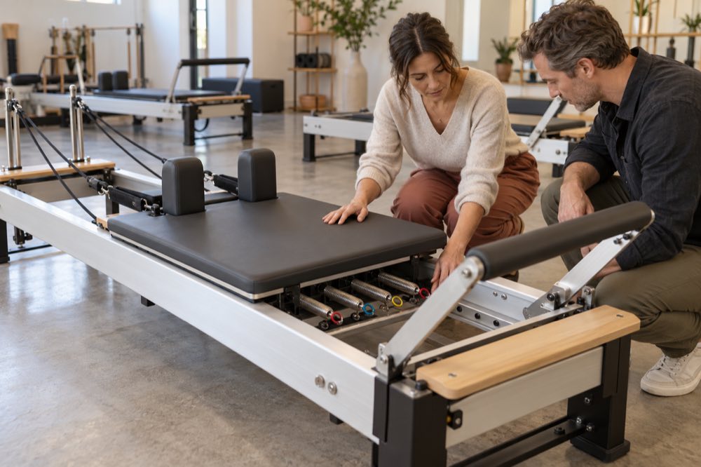 A studio owner and equipment buyer inspecting a commercial reformer