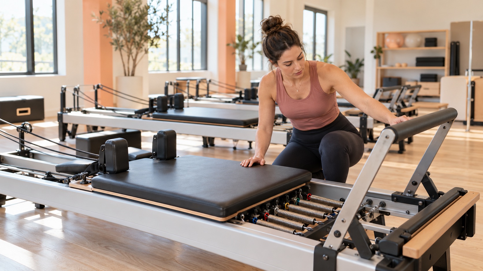Pilates studio buyer inspecting a professional reformer before purchase