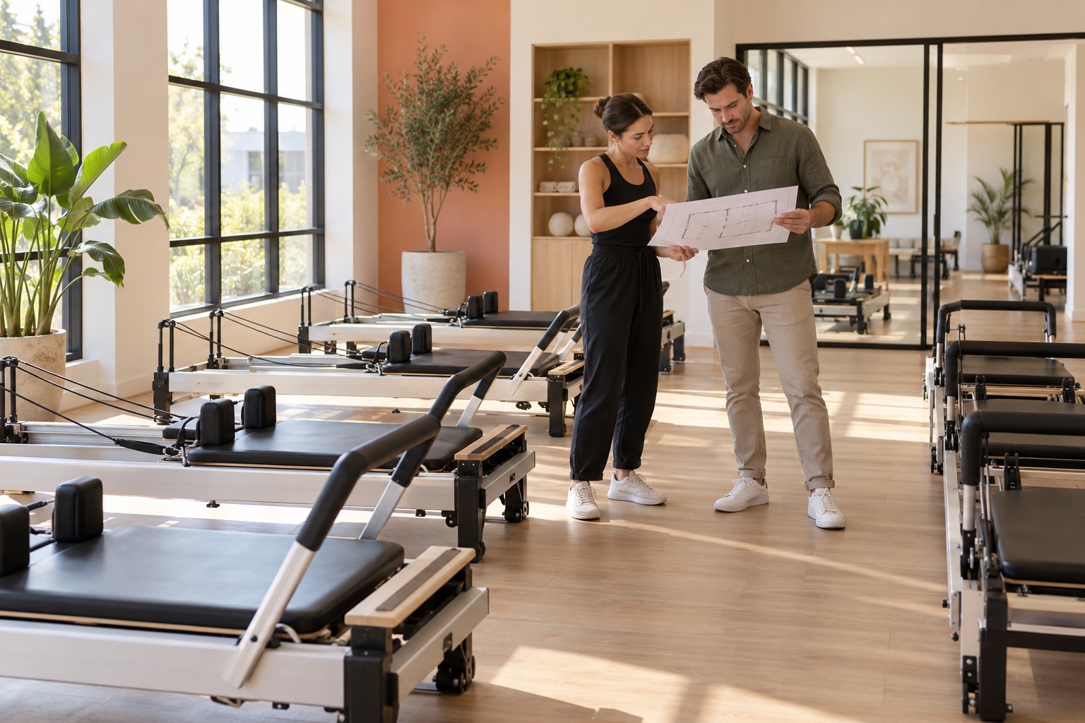 Studio owner and designer reviewing spacing around professional Pilates reformers
