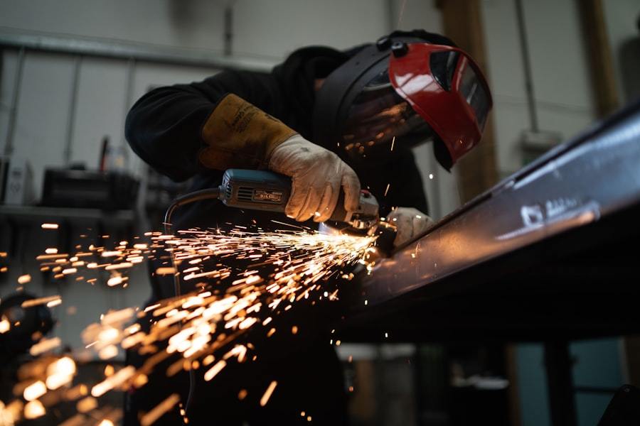 Welding steel structure members in MESCO fabrication shop