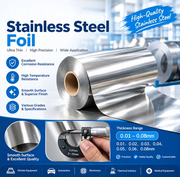 Stainless Steel Foil (Ultra-Thin 304 / 316L / 430, 0.02-0.10 mm, Slit Edge, Bright Annealed)