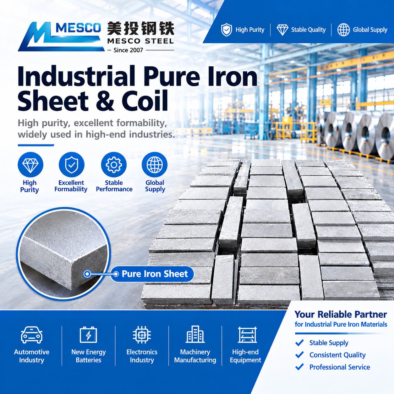 Industrial pure iron sheet processed on a precision machine