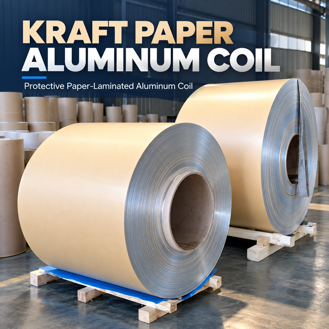Kraft paper laminated aluminium coil with orange peel surface finish, wound coil stack in the MESCO STEEL workshop