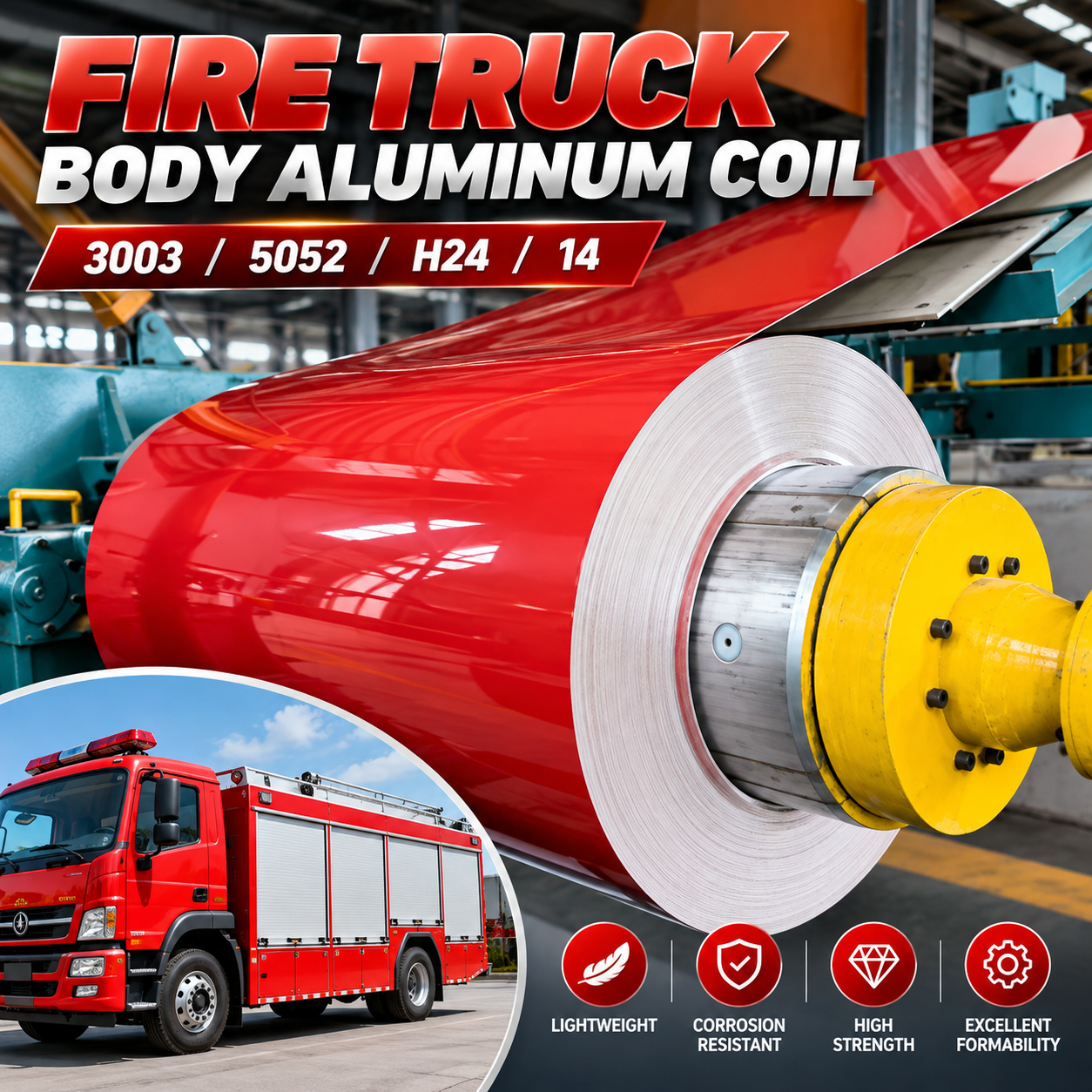 High-gloss red PE coated aluminium sheet used on the body of a fire truck