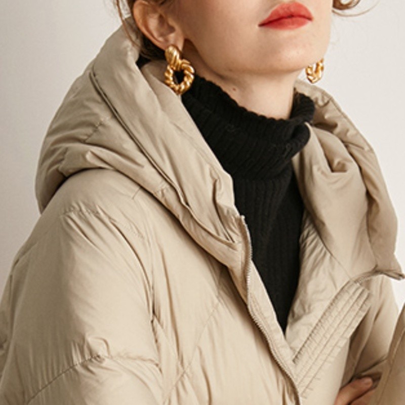 Customized women's light khaki medium long hooded down jacket