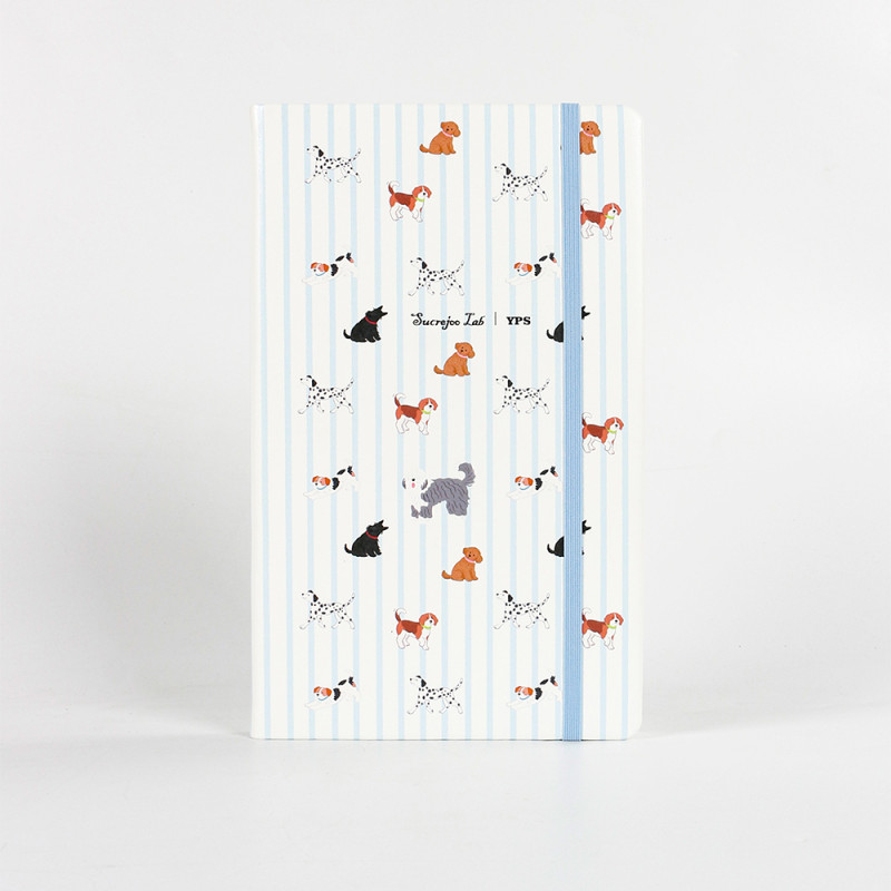 Blue Striped Puppy Hardcover Elastic Notebook | Supports Custom Text/Logo & Inner Page Format Customization