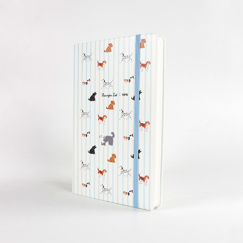 Blue Striped Puppy Hardcover Elastic Notebook | Supports Custom Text/Logo & Inner Page Format Customization