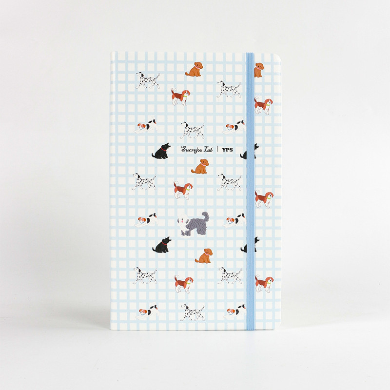 Customizable Light Blue Plaid Puppy Hardcover Elastic Notebook | Supports Custom Text/Logo & Free Inner Page Selection