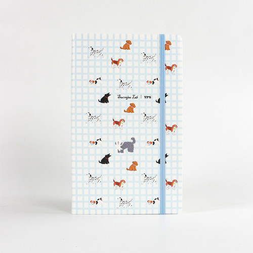 Customizable Light Blue Plaid Puppy Hardcover Elastic Notebook | Supports Custom Text/Logo & Free Inner Page Selection