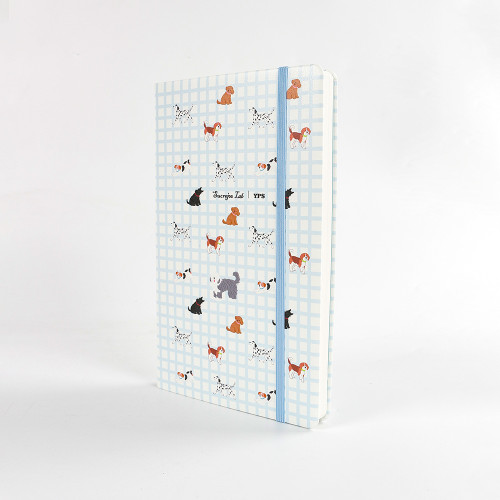 Customizable Light Blue Plaid Puppy Hardcover Elastic Notebook | Supports Custom Text/Logo & Free Inner Page Selection