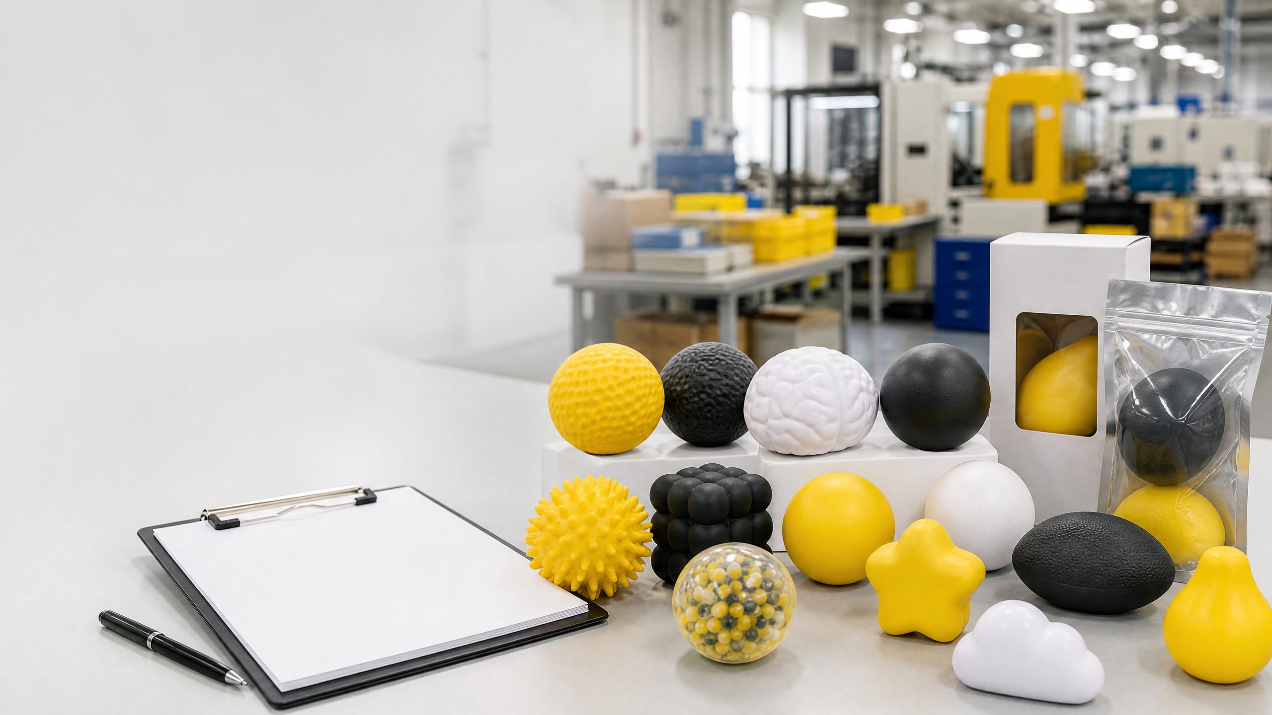 Wholesale stress balls assortment from a factory with sample packaging for B2B buyers