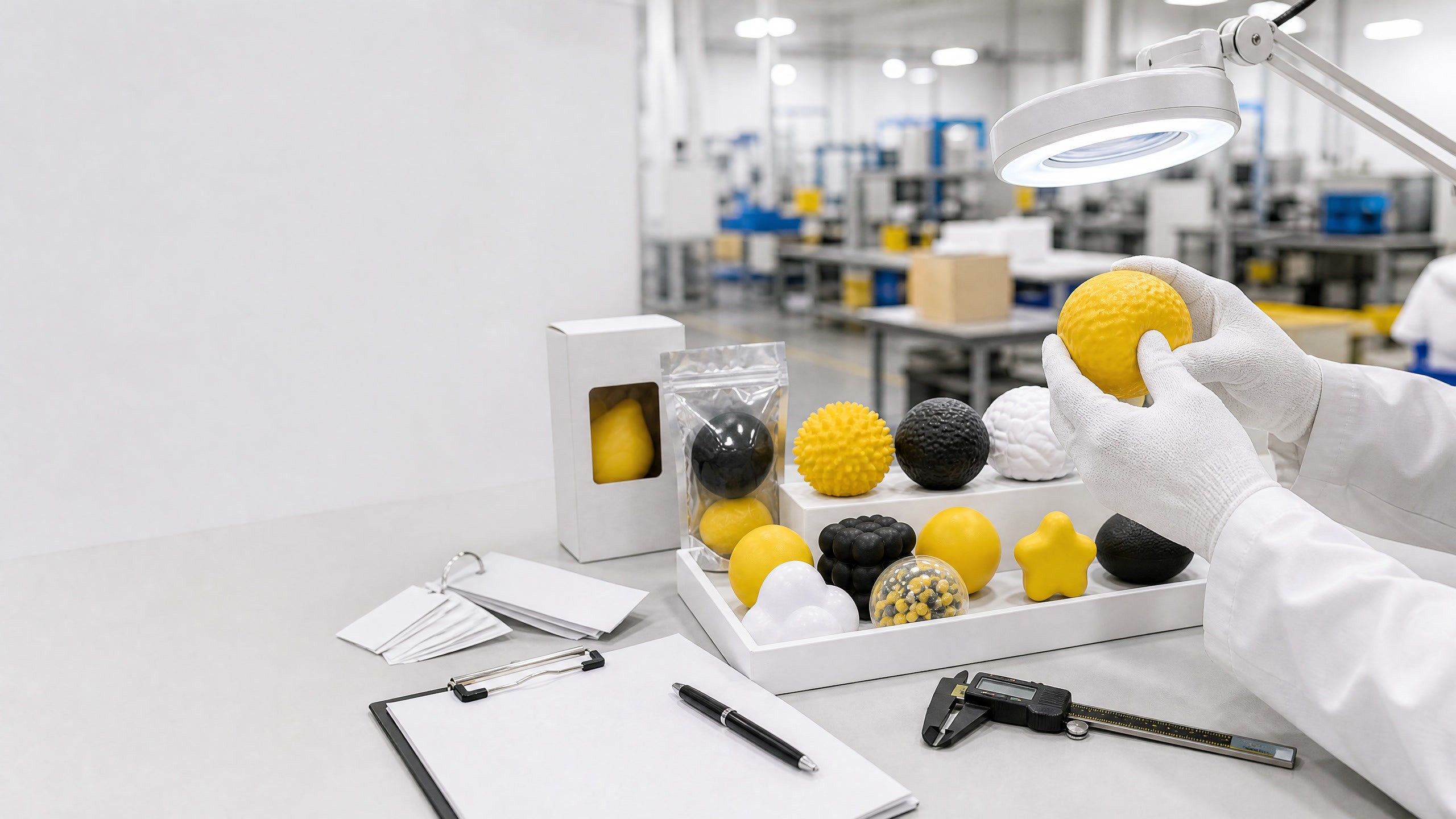 Stress ball manufacturer inspecting samples and packaging for a wholesale stress balls order