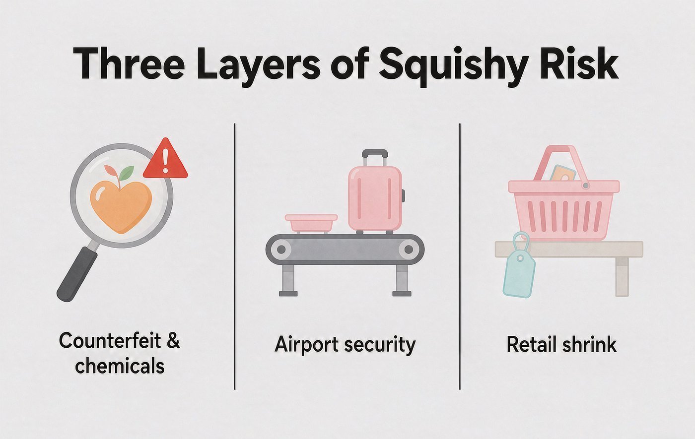 Three layers of squishy toy risk: counterfeit chemicals, airport security, retail shrink