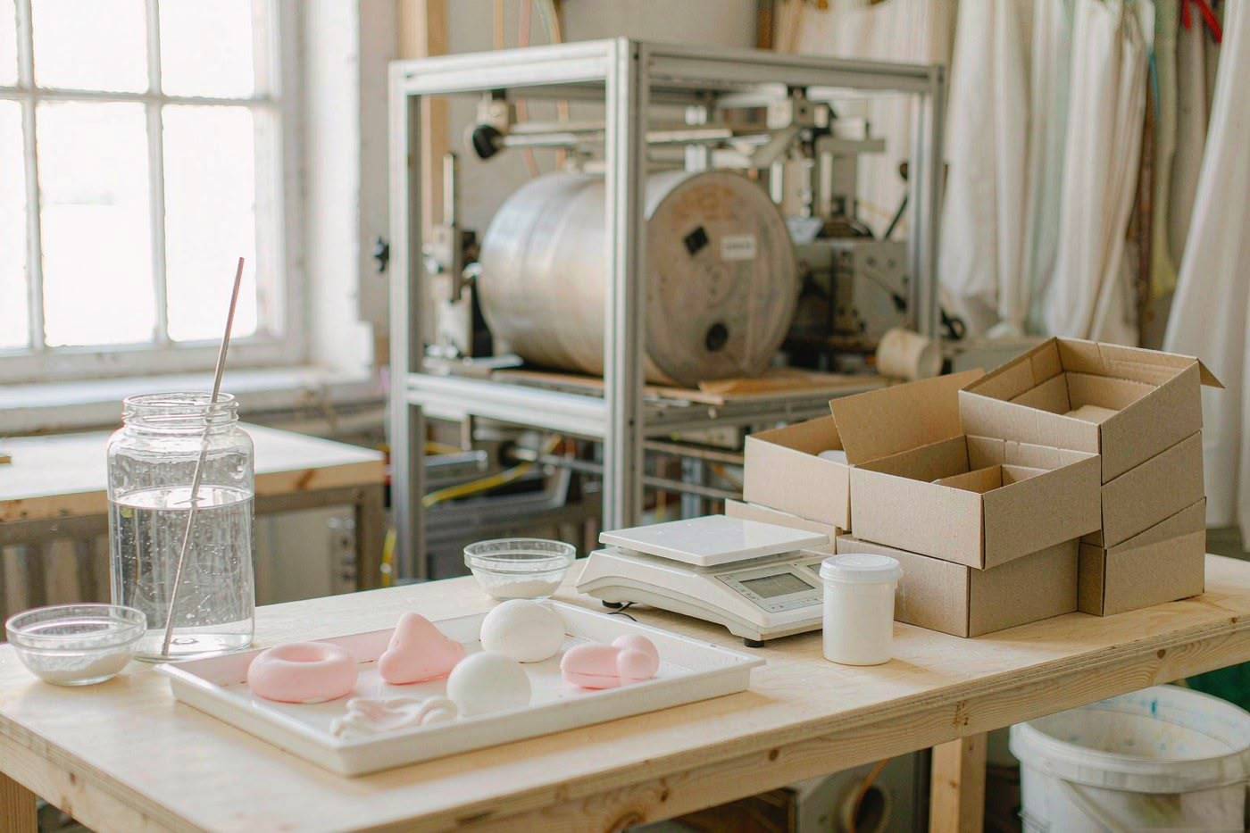Soft-fill squishy production bench in a Yiwu toy factory
