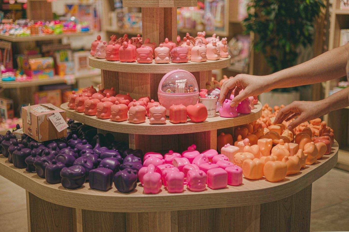 Colour-massed squishy series on a retail display table