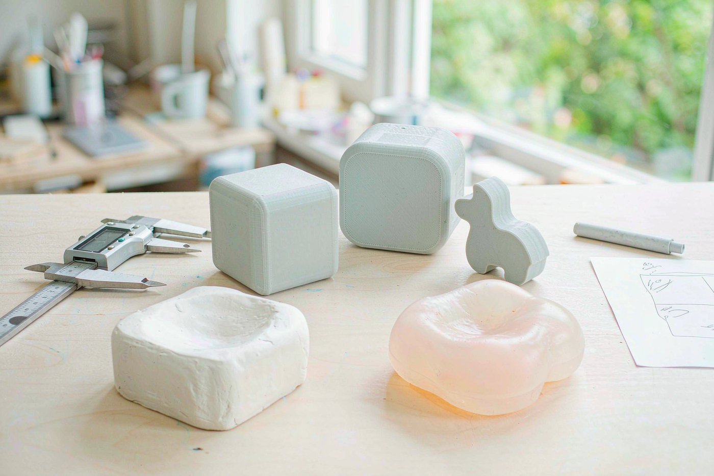 3D-printed prototype shapes beside finished squishy toys on a factory bench