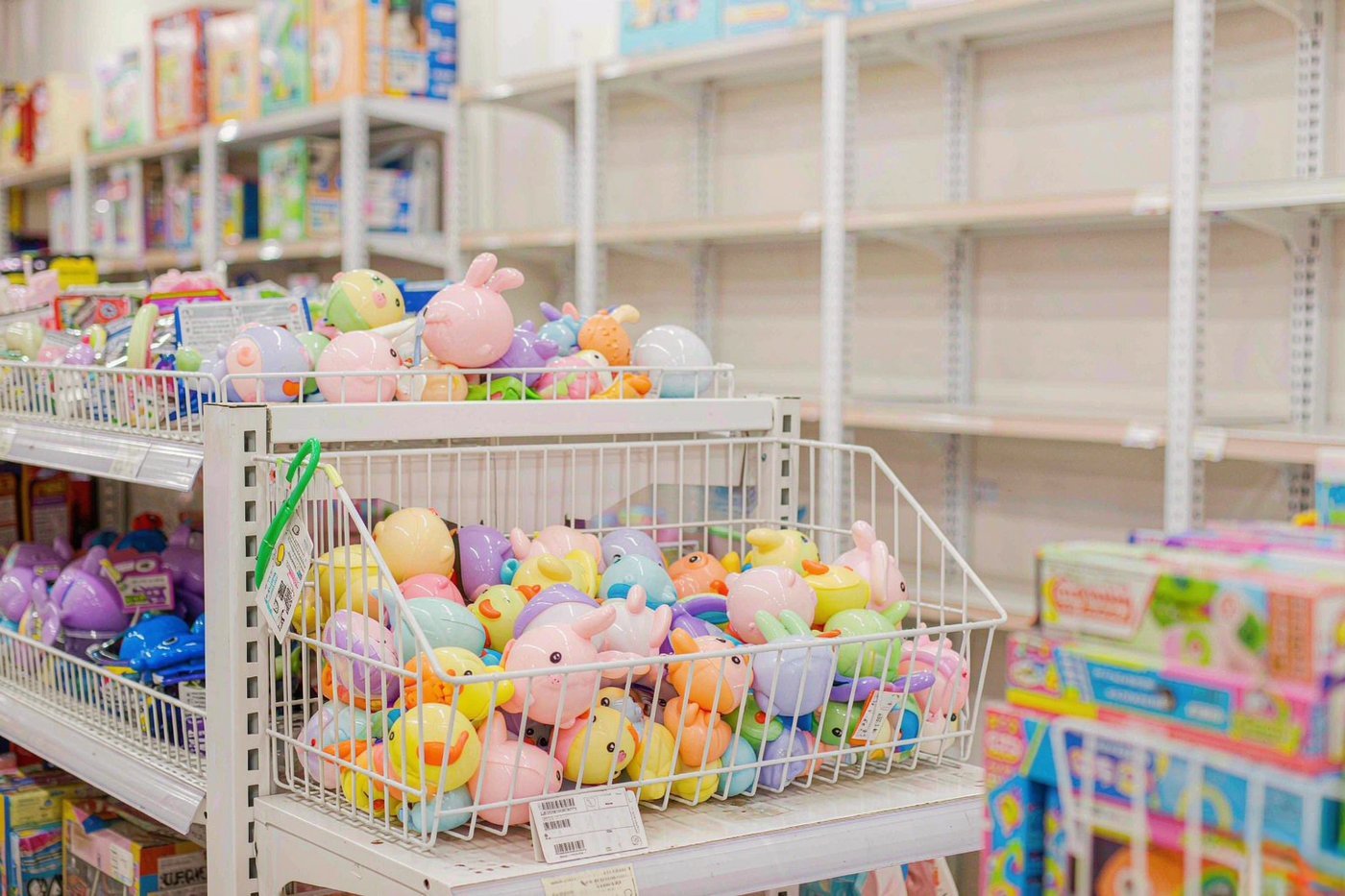 An open supervised retail display of colourful squishy toys