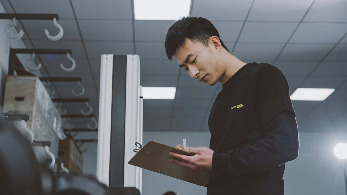 Quality inspector holding a clipboard during a product check