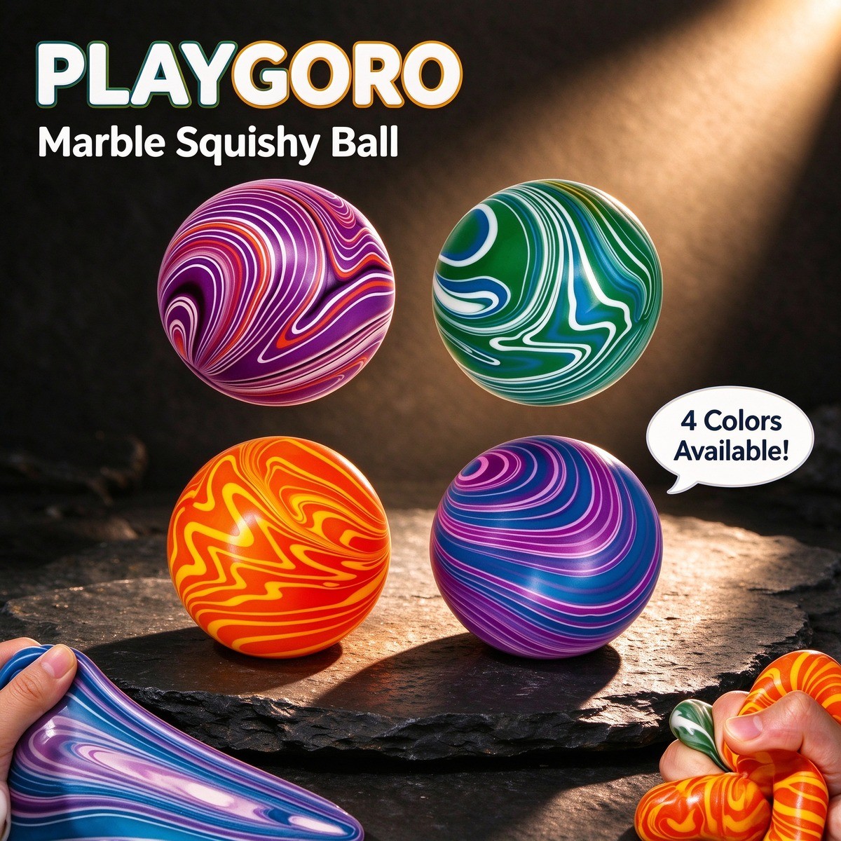 Four color variants of marble swirl squishy ball