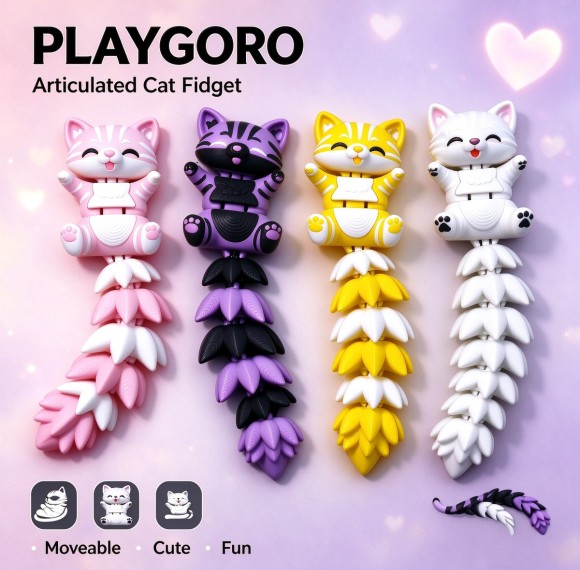 PLAYGORO 3D Long-Tail Cat Art Toy - Poseable Collectible Figure