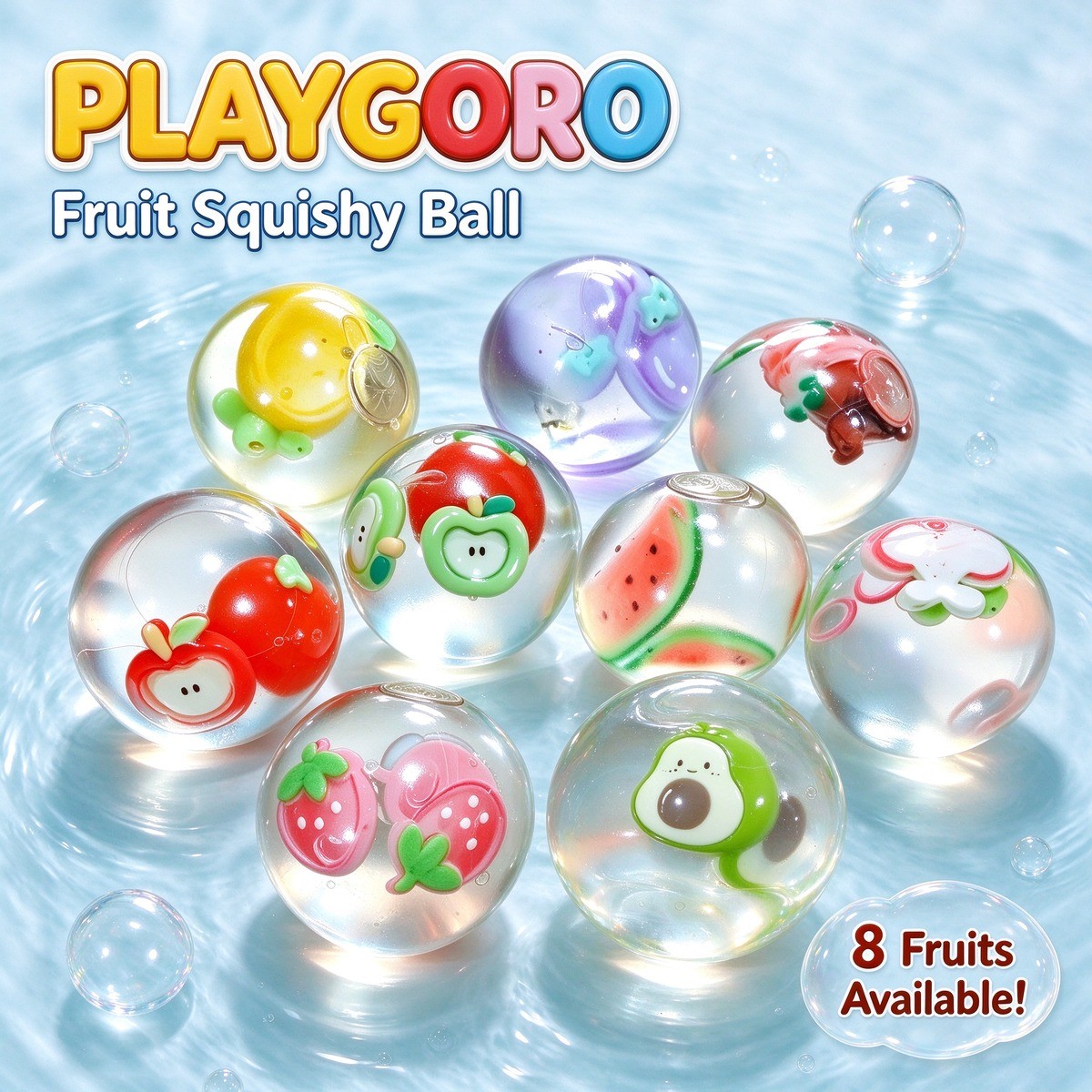 Eight PLAYGORO Fruit Squishy Ball designs