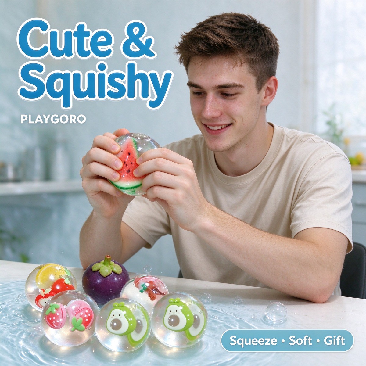 Man squeezing watermelon PLAYGORO fruit squishy ball
