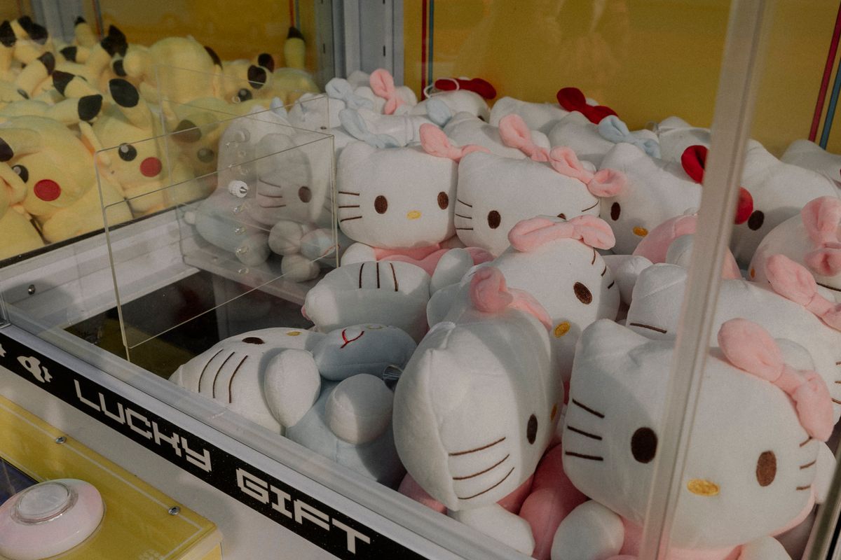 Plush toys inside a claw machine, symbolizing trendy IP toys