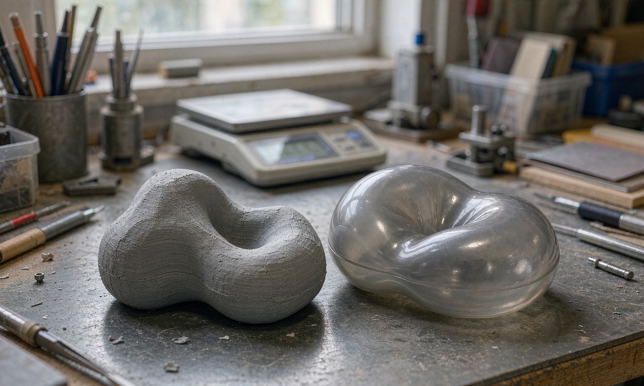 3D printed prototype next to the finished squishy toy on a workbench