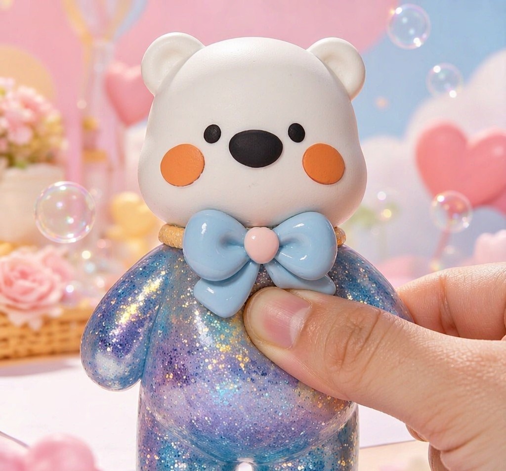 Finger pressing PLAYGORO Valentine Glitter Bear Squishy