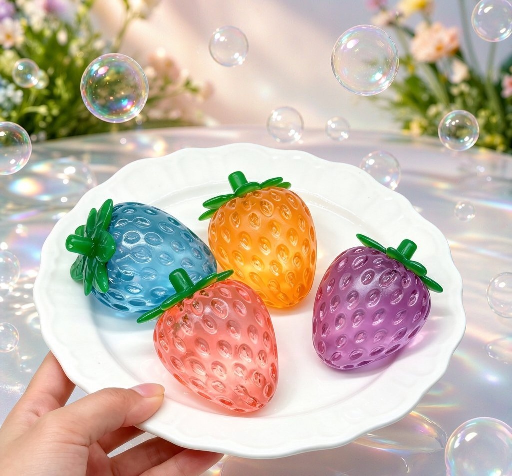 PLAYGORO Glitter Strawberry Squishy four colors on plate