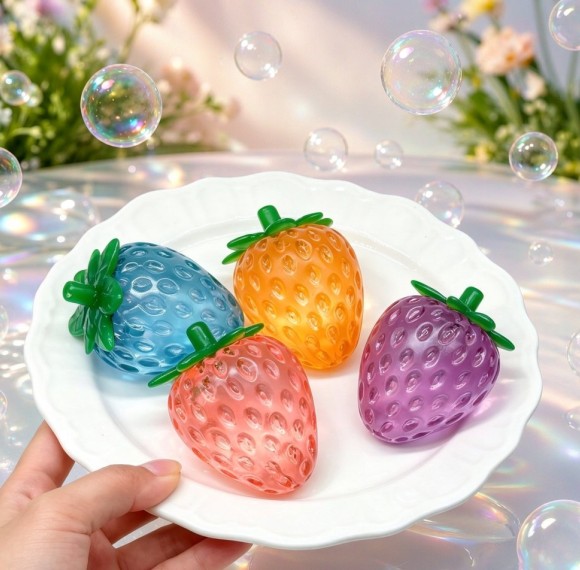 PLAYGORO Glitter Strawberry Squishy - 4-Color Transparent Stress Toy