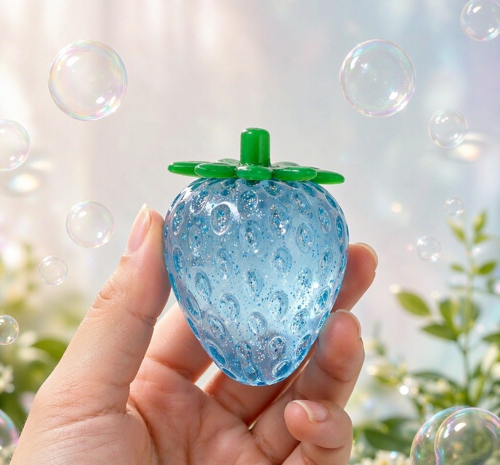 Hand holding PLAYGORO Glitter Strawberry Squishy blue