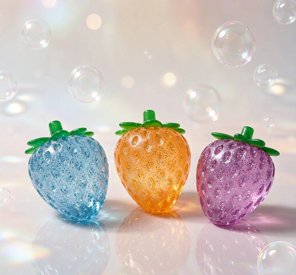 Four PLAYGORO Glitter Strawberry Squishy colors in a row