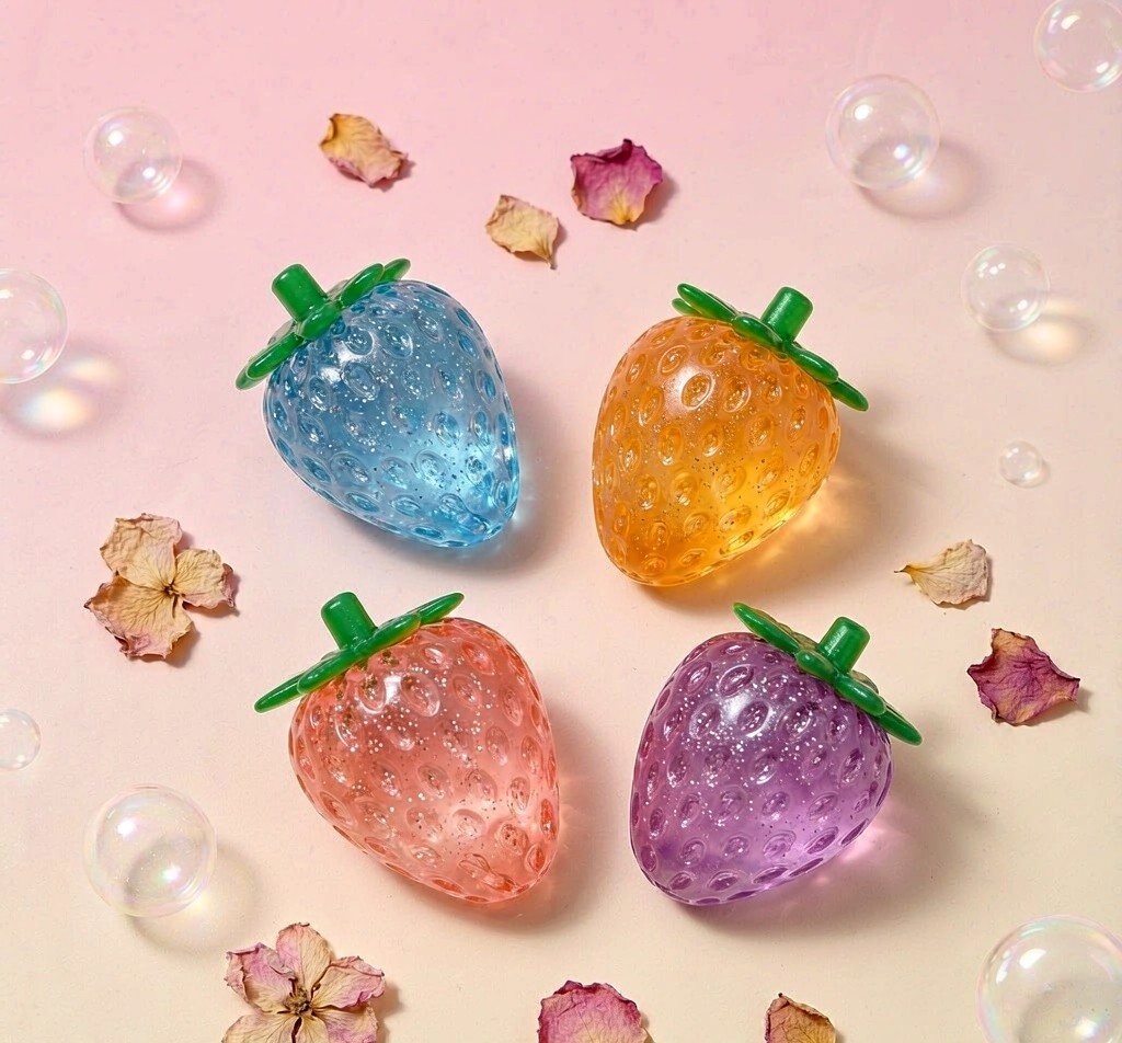 PLAYGORO Glitter Strawberry Squishy styled flat lay