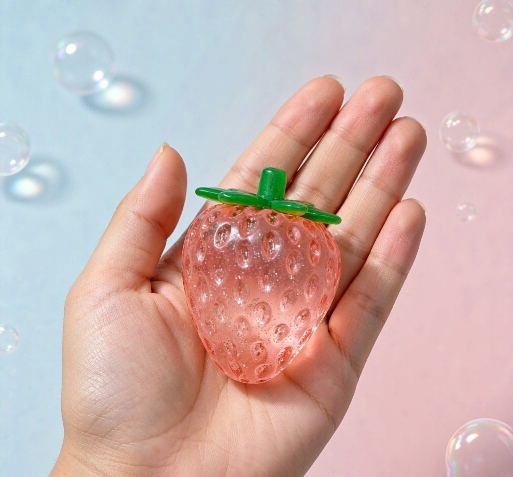 PLAYGORO Glitter Strawberry Squishy held in an open palm to show size