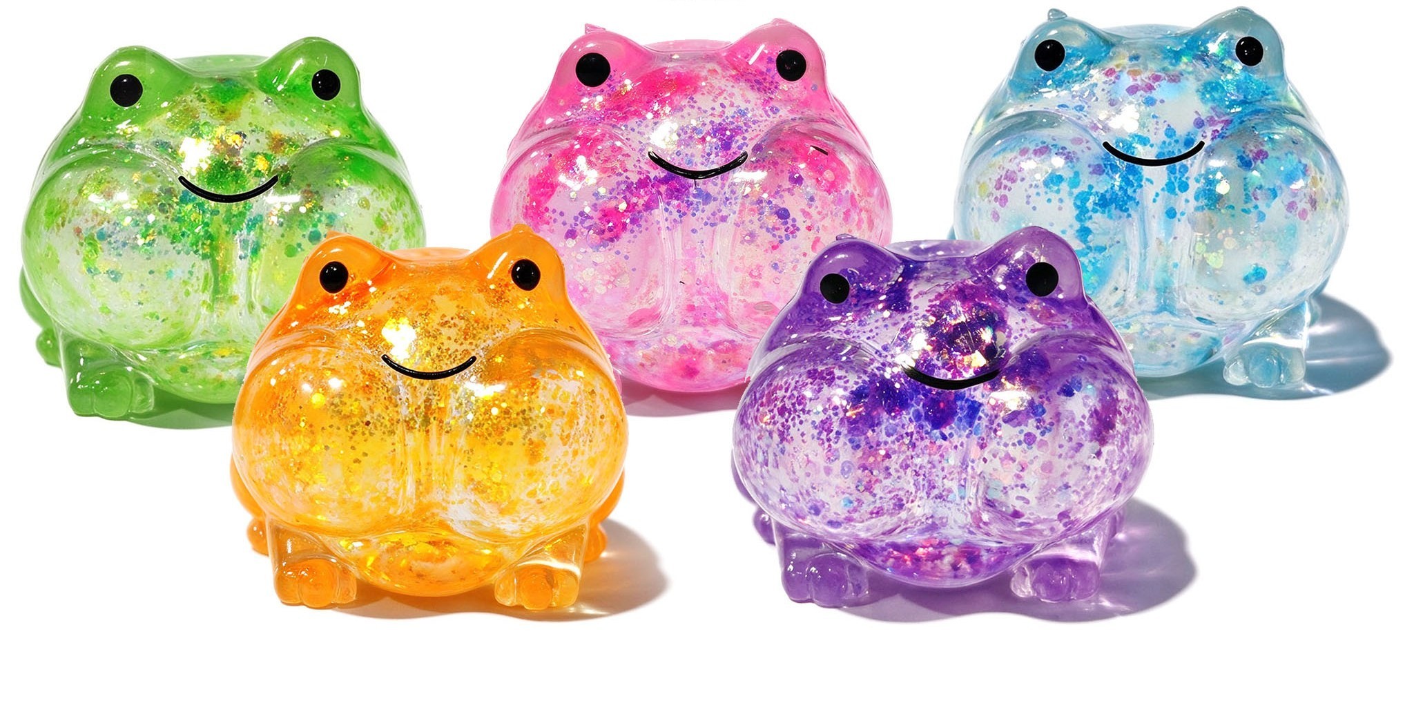 Front view of five glitter frog squishy colors