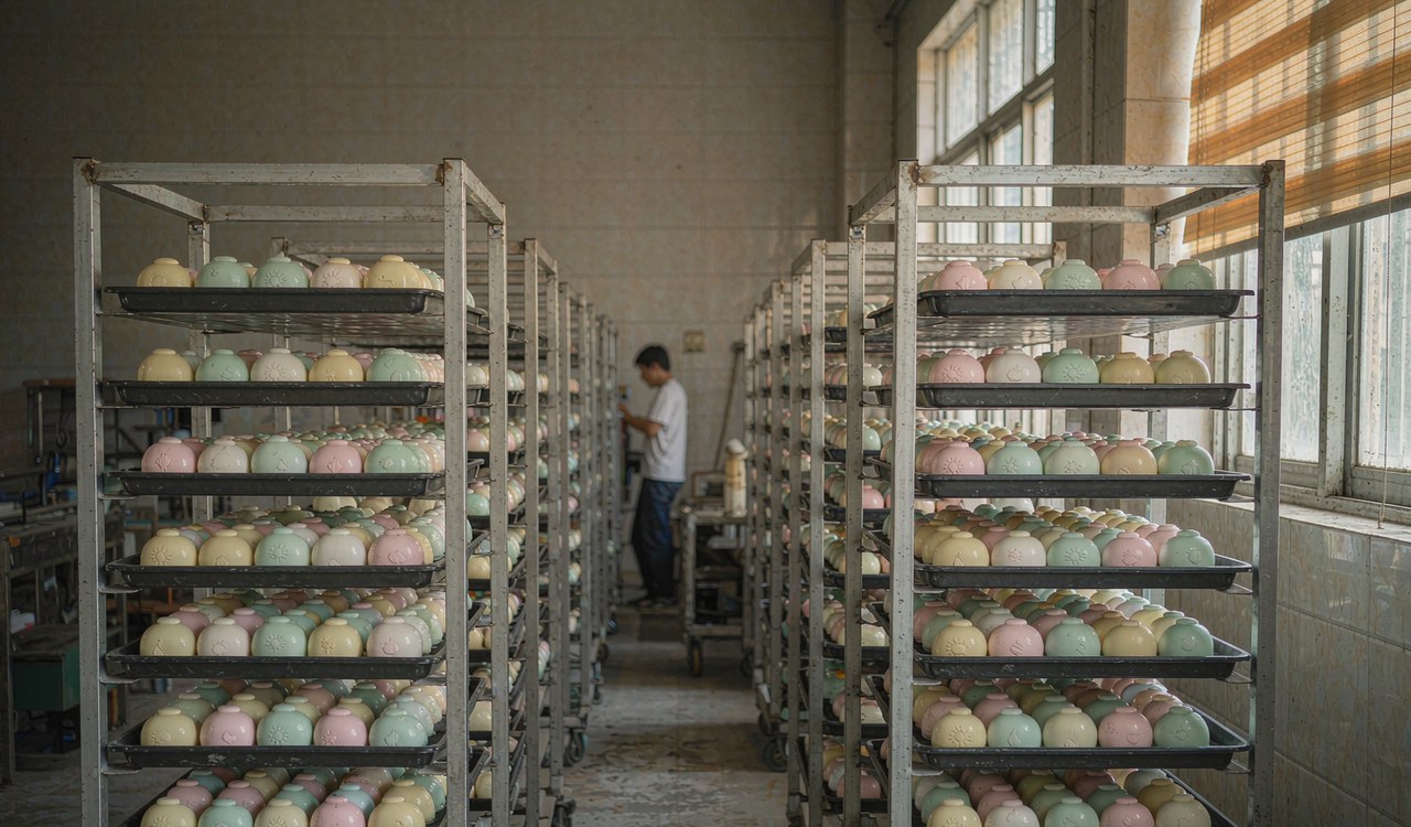 Rows of freshly molded slow-rising squishy toys cooling on open racks at the PlayGoro workshop in Yiwu