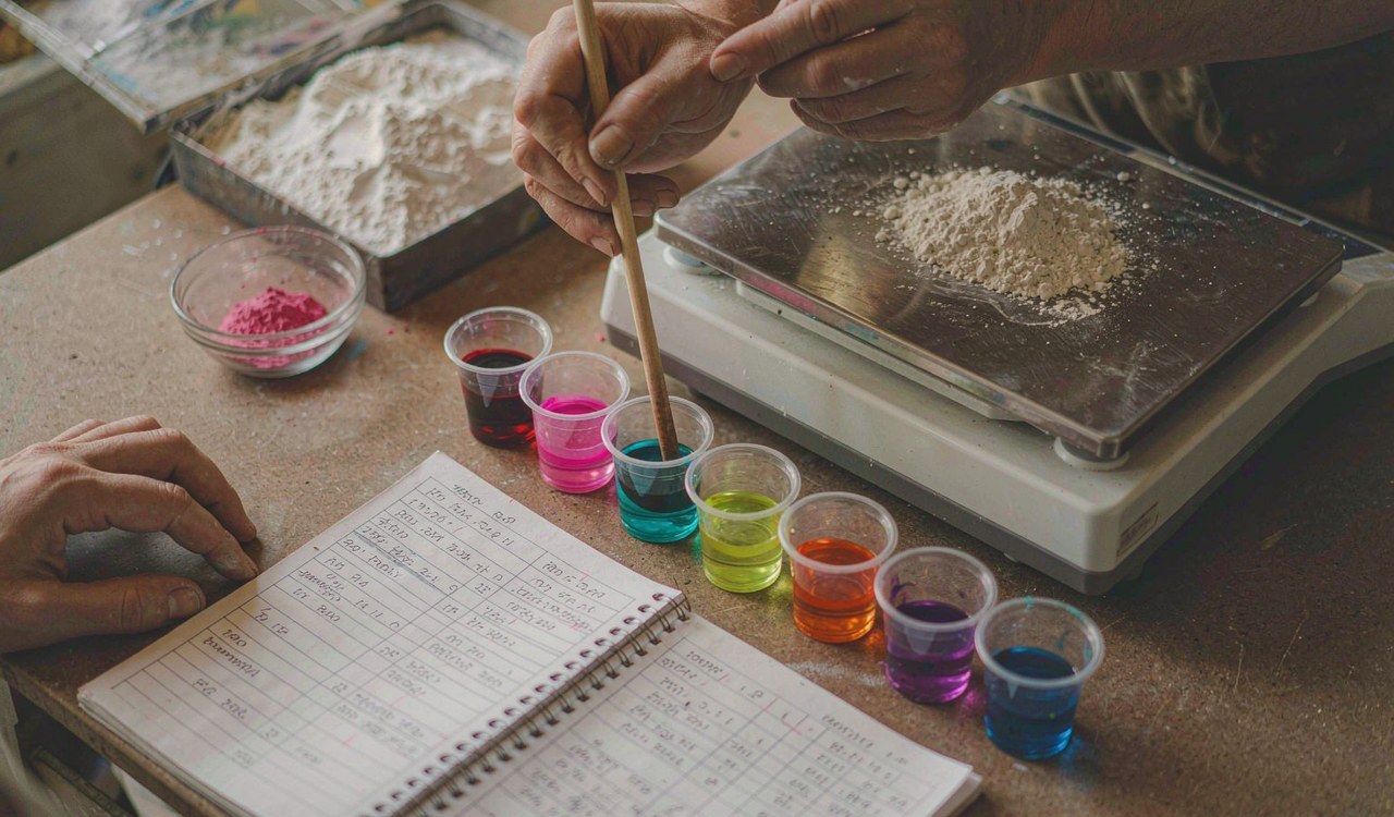 Pigment samples and hand-written color formulas on a mixing bench at a toy factory in Yiwu