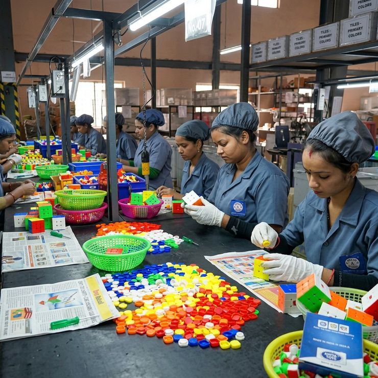 Workers on a toy factory assembly line sorting colorful components
