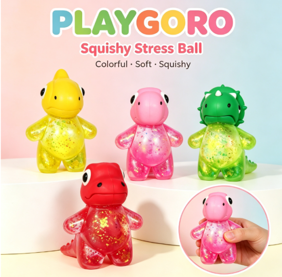 TPR Maltose Dinosaur Fidget Toy Set, Glitter Squeeze Toys for Rewards