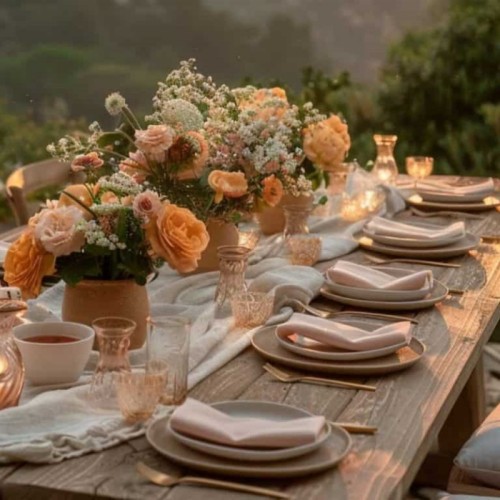 Bohemian Peach & Blush Floral Table Decor With Terracotta Vases For Hotel Tables
