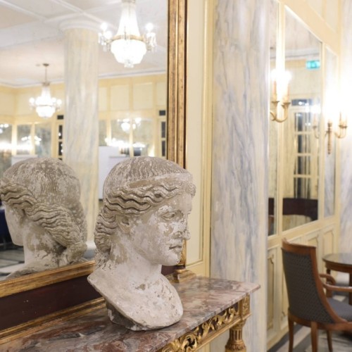 Antique-Inspired Classical Bust Sculpture With Weathered Stone Finish For Hotel Hallways