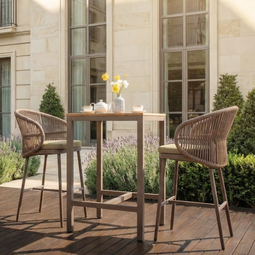High End Teak Slatted Hotel Bar Table For Outdoor Hospitality Spaces