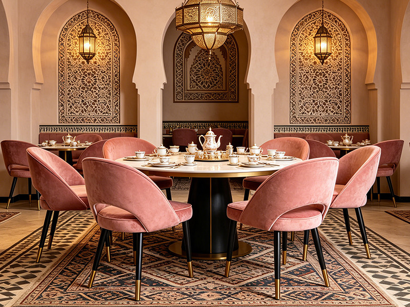 Elegant Hotel Pink Velvet Dining Chair With Gold Metal Legs 
